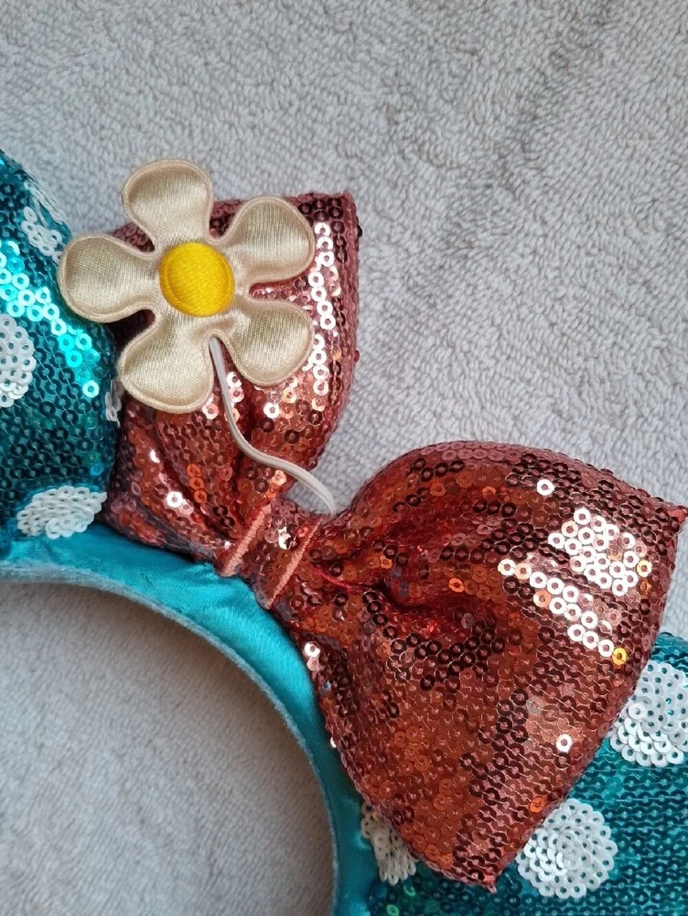 Disneyland Teal & White Polka Dot Minnie Mouse Ears Headband Pink Bow Flower